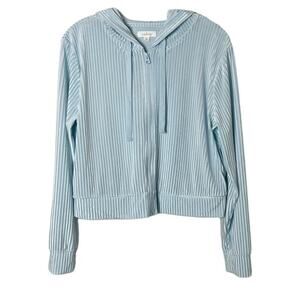 Colsie Women's Velour Hoodie Top M Blue Ribbed Knit Zip Up Cropped Long Sleeve